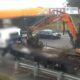 An excavator strikes a beam and comes off this truck on Muriel Ave at Rocklea, SEQ, on April 14, 2025. Image: Qld Rail