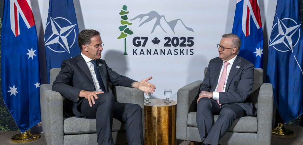 CAPTION NATO Secretary-General Mark Rutte talks to Anthony Albanese at the summit. Photo: NATO