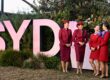Virgin Australia and Qatar Airways cabin crew at the launch of the Doha service on June 12, 2025. Photo: James Morgan/Getty (supplied)