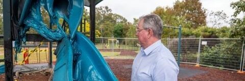 Mayor Peter Flannery at the scene of the vandalised playground. Photo: Moreton Bay Regional Council