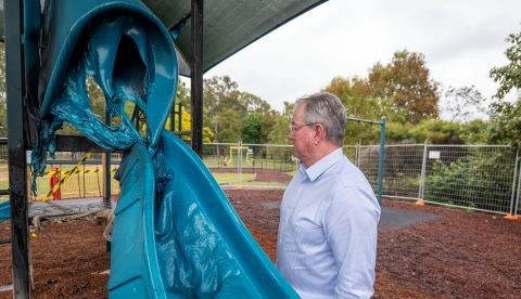 Mayor Peter Flannery at the scene of the vandalised playground. Photo: Moreton Bay Regional Council