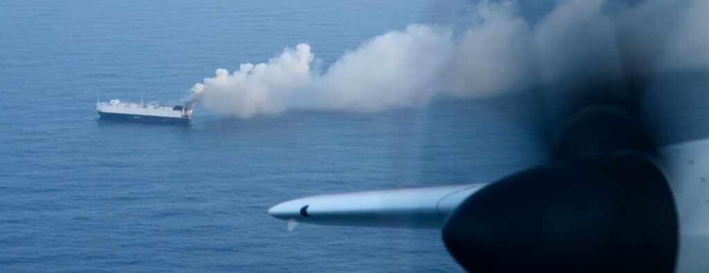A view of the ship from the cockpit of the USCG Hercules. Photo: USGC Alaska