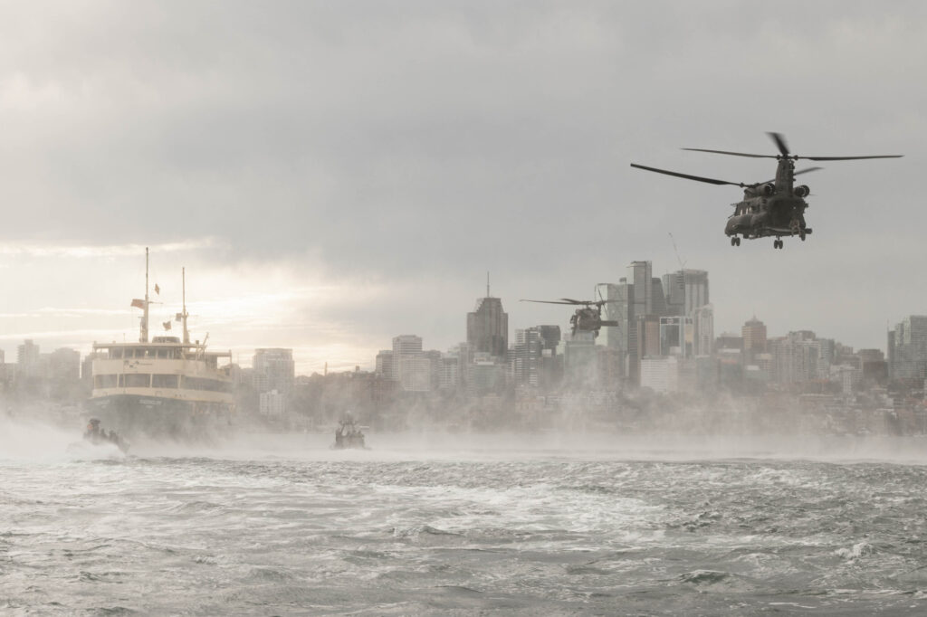 Soldiers from Australian Special Operations Command and the United States Special Operations Command conduct force integration training on Sydney Harbour ahead of Talisman Sabre 2025. *** Local Caption *** Exercise Talisman Sabre 2025 is being conducted across Australia and PNG from 13 July to 04 August.