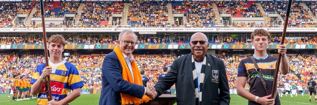 Prime ministers Anthony Albanese and Sitiveni Rabuka before the Wallabies-Fiji game in Newcastle on Sunday. Photo: @AlboMP/ X (twitter)