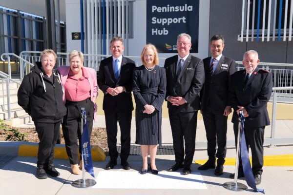 (From left) Michelle Gilchrist, Kerri-Anne Dooley, Deputy Premier Jarrod Bleijie, Qld Governor Dr Jeannette Young, Peter Flannery, Cr Karl Winchester and Major Neil Clanfield at the hub opening ceremony. Photo: supplied/MBCC
