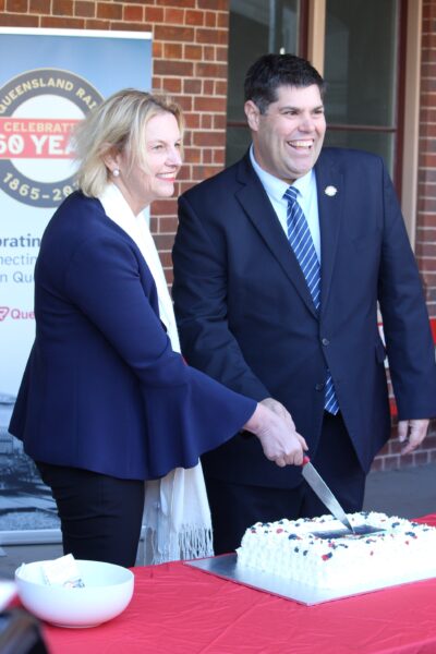 Thursday, July 31, 2025: Kat Stapleton and Brent Mickelberg at Queensland Rail’s 160th birthday celebrations at Roma Street, Brisbane. Photo: ANDREW KACIMAIWAI