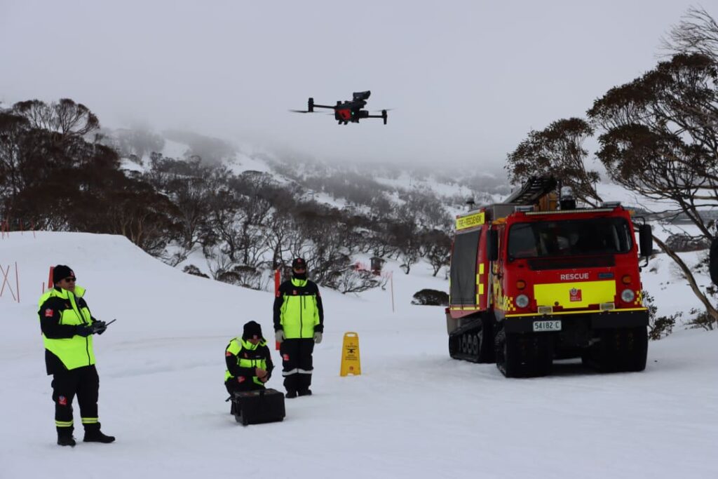 Perisher Valley firefighters demonstrate their use of drones. Photo: FRNSW