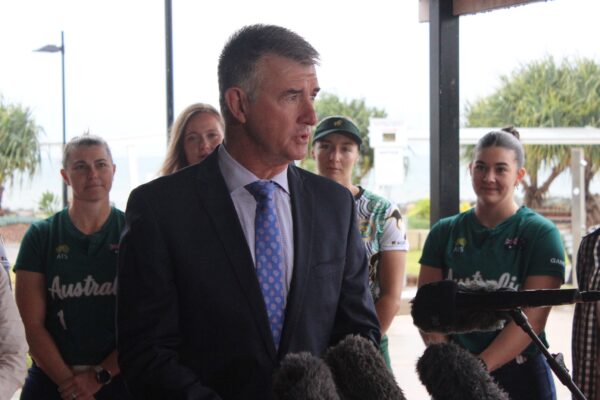 The announcement at the Redcliffe Surf Lifesaving Club, Brisbane, on Wednesday, August 20, 2025. Photo: ANDREW KACIMAIWAI