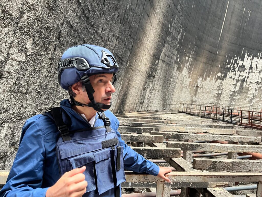 FILE … IAEA boss Rafael Mariano Grossi inside a cooling tower at Ukraine’s Zaporizhzhya Nuclear Power Plant in September 2024. Photo: Juraj Rovny / IAEA
