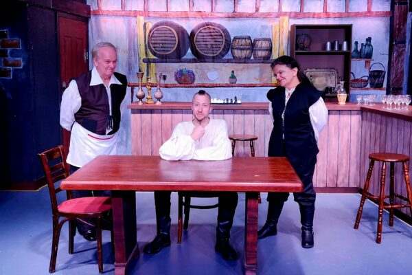 Mousetrap Theatre performers Garry Somerville, Sam Kairk and Karen Christl during a dress rehearsal for their upcoming comedy Mirandolina. Photo: supplied/MBCC