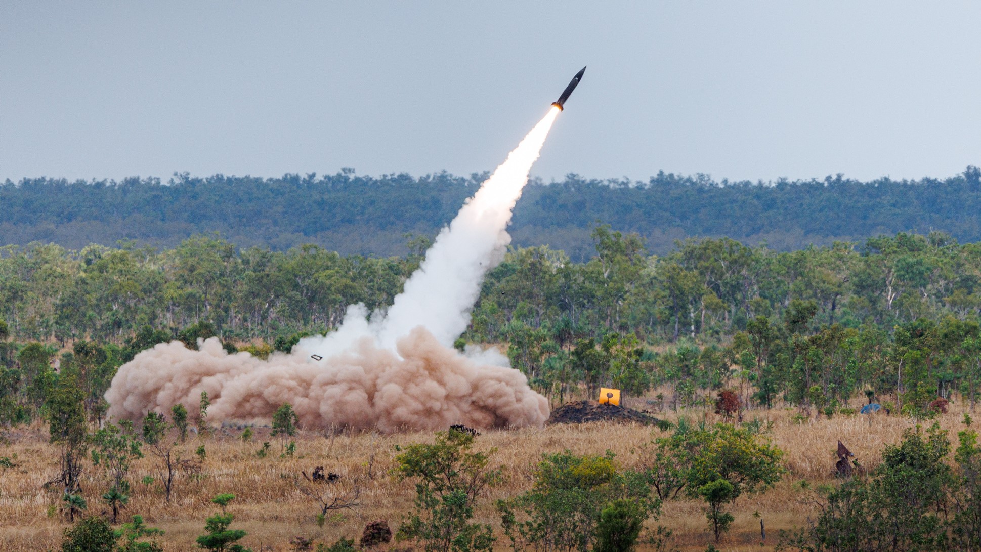 missiles ... An Army PrSM launch at the Mount Bundey Training Area, south of Darwin, earlier this year. Photo: Department of Defence