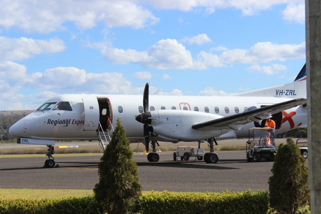 A Rex SAAB turboprop aircraft at Merimbula Airport, NSW. Photo: ANDREW KACIMAIWAI