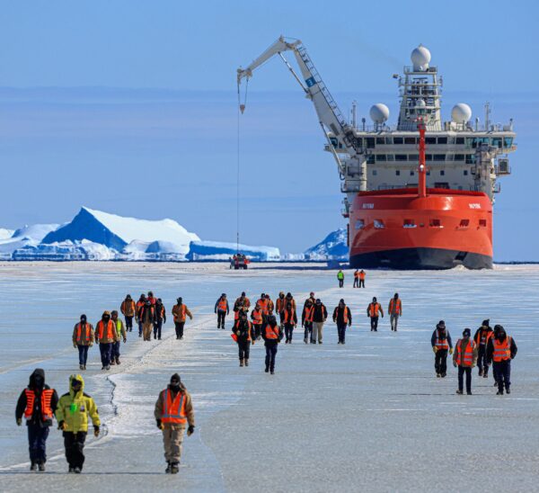 It will take a week to unload supplies at Davis station, Antarctica, with the icebreaker parked about1km from shore. Photo: Jared McGhie