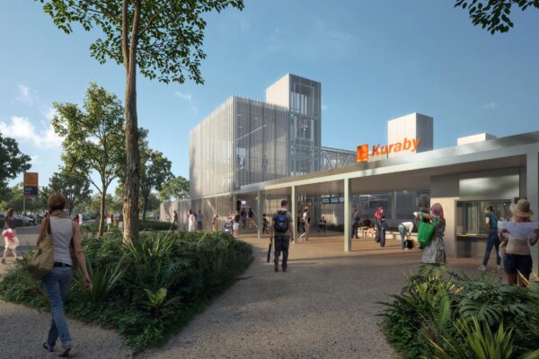 A render of Kuraby station entrance. Image: Qld Govt
