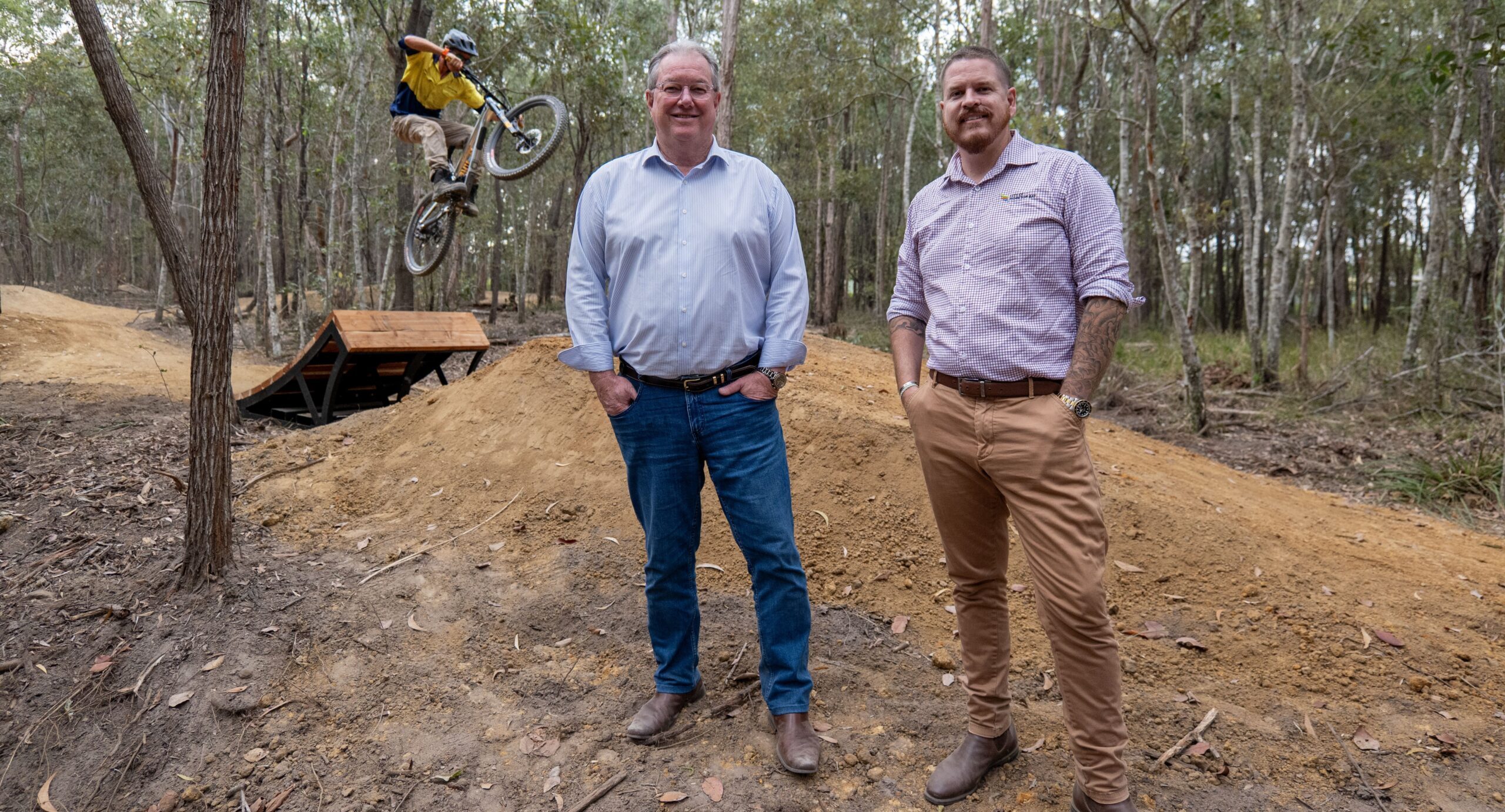 Mayor Peter Flannery and Cr Mark Booth at the Burpengary track. Photo: supplied/MBCC