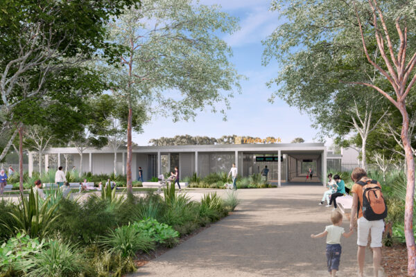 A render of the Trinder Park station entrance. Image: Qld Govt