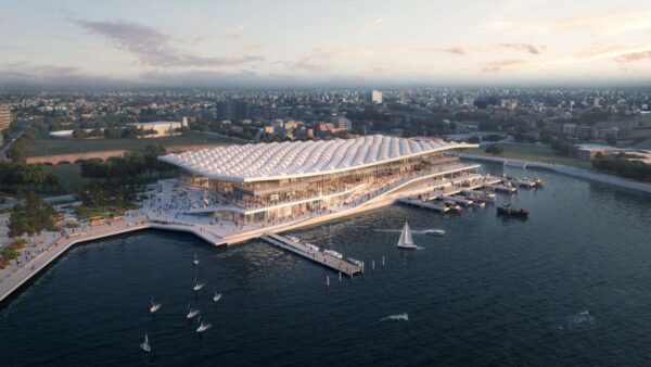 An aerial render of the new Sydney fish market. Graphic: NSW Government.