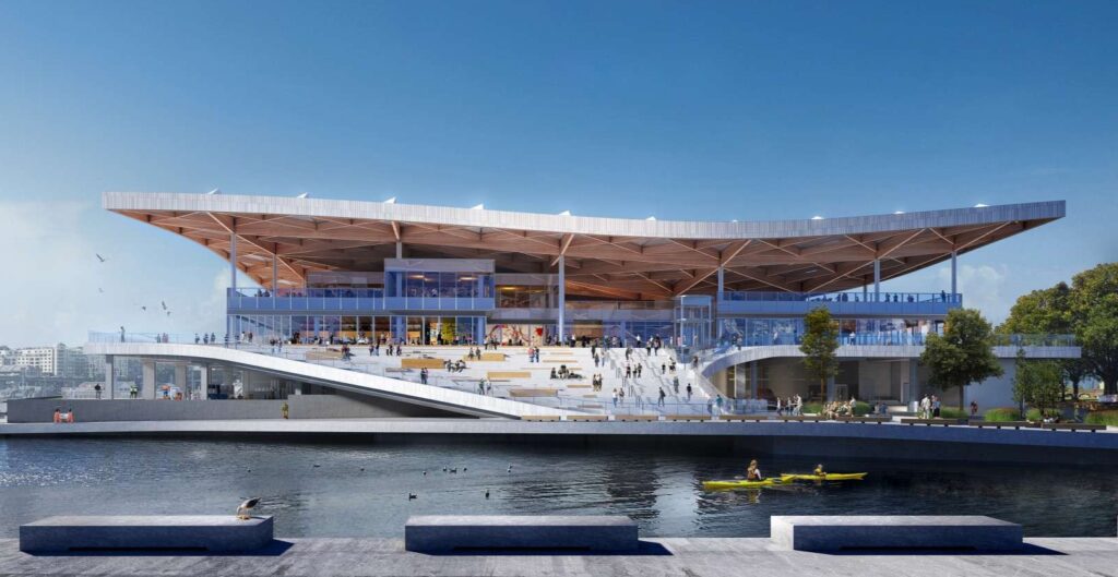 A render of the new Sydney fish market’s western side. Graphic: NSW Government.