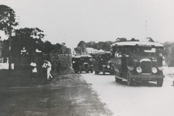 Elson's Buses on Anzac Avenue looking towards the hospital in the 1920s. Image courtesy of City of Moreton Bay.