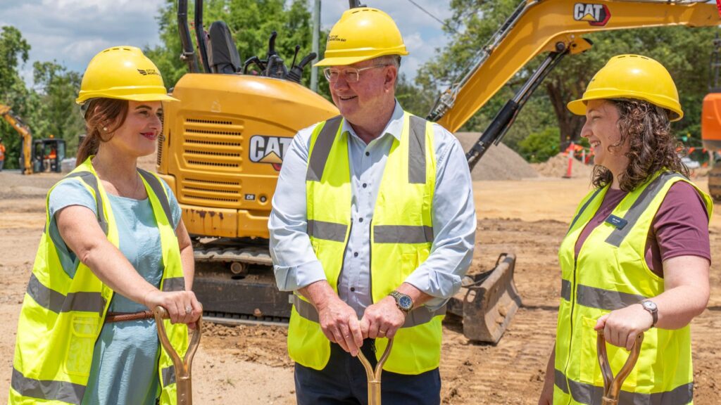 Mayor Peter Flannery, MP for Dickson Ali France and Councillor Ellie Smith at the Samford Village green park sod-turn ceremony. Photo: Moreton Bay City Council.