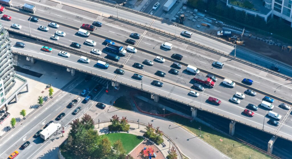 toll roads .... A shot of a highway full of cars in Toronto, Canada