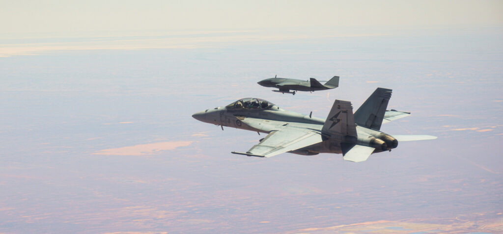 anti-drones ... An RAAF Ghost Bat unmanned aircraft is followed by a Super Hornet during aerial trials over Woomera, SA. On this flight, the Ghost Bat shot down an aerial drone with its missile. Photo: Department of Defence