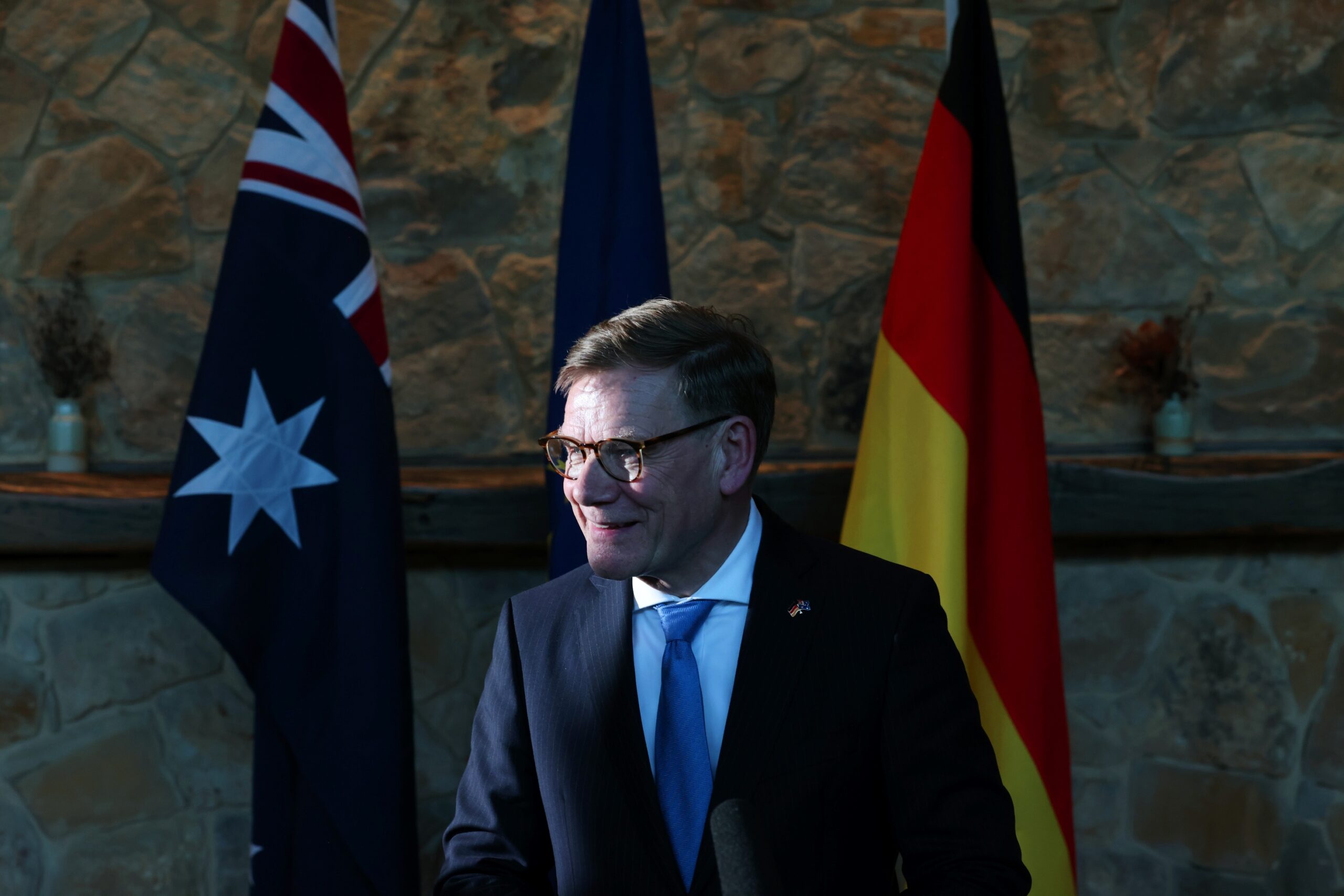 Europe …. German Foreign Minister Johann Wadephul addresses journalists in Canberra during his visit at the start of the month. Photo: DFAT.