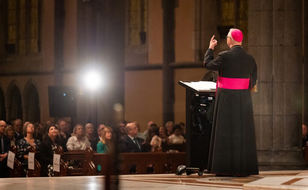 Archbishop Peter Comensoli in St Patrick's Cathedral, Melbourne. Photo: Casamento Photography.