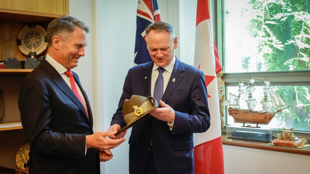 Iran ... Defence Richard Marles (left) with Canadian counterpart David McGuinty in Canberra today. McGuinty is travelling with Canadian PM Mark Carney. Photo: Department of Defence