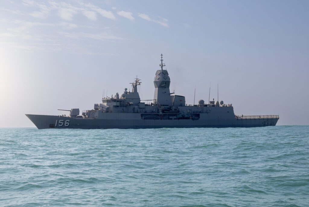 The HMAS Toowoomba warship on patrol in the Yellow Sea as part of a deployment to enforce sanctions on North Korea. Photo: Department of Defence.