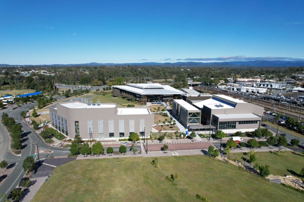 TAFE … A view of Moreton Bay Central with the commute and regional rail line to the right. Photo: Moreton Bay Council