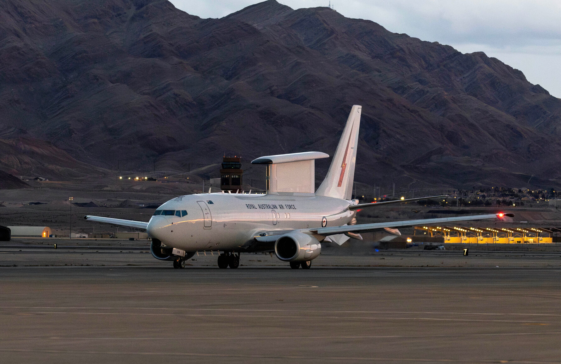 An RAAF Wedgetail at Nellis Air Force Base, US, in February as part of Exercise Bamboo Eagle. Photo: Department of Defence.