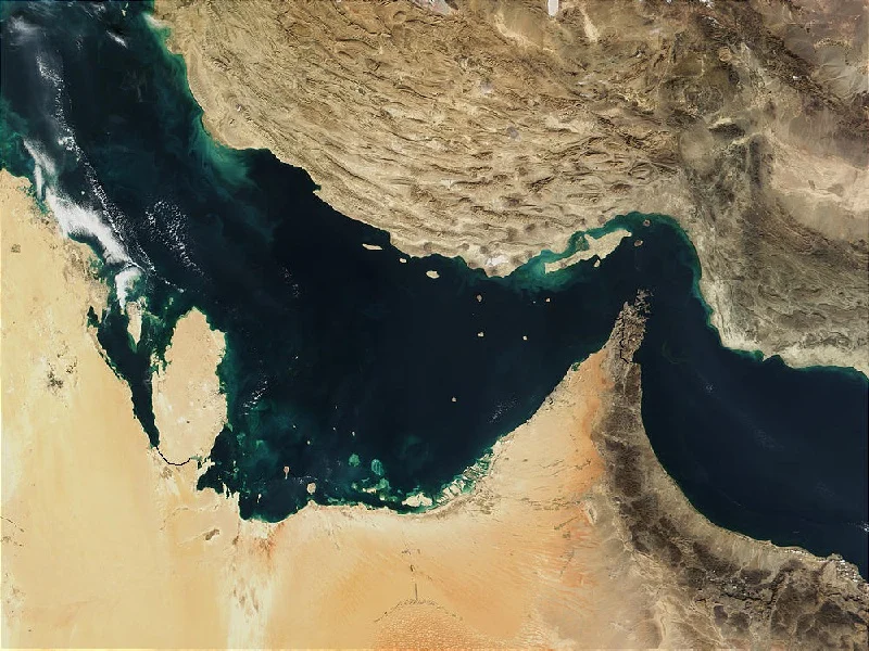Shipping … The Strait of Homutz, between the Persian Gulf (left) and Gulf of Oman (right). Iran is to the north while the UAE and Oman ‘share’ the peninsula. Photo: NASA