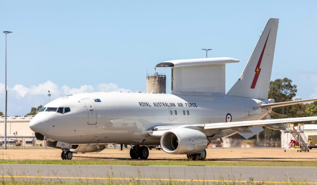 Canberra … The Boeing E-7 Wedgetail taxies out from its base at Williamtown, Newcastle, to start its deployment to the UAE. Photo: Department of Defence