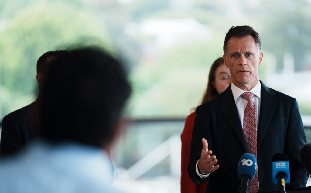 Bays West ... NSW Premier Chris Minns talks to journalists at the opening of the new Sydney Fish Market in Blackwattle Bay. Photo: Grainger Films