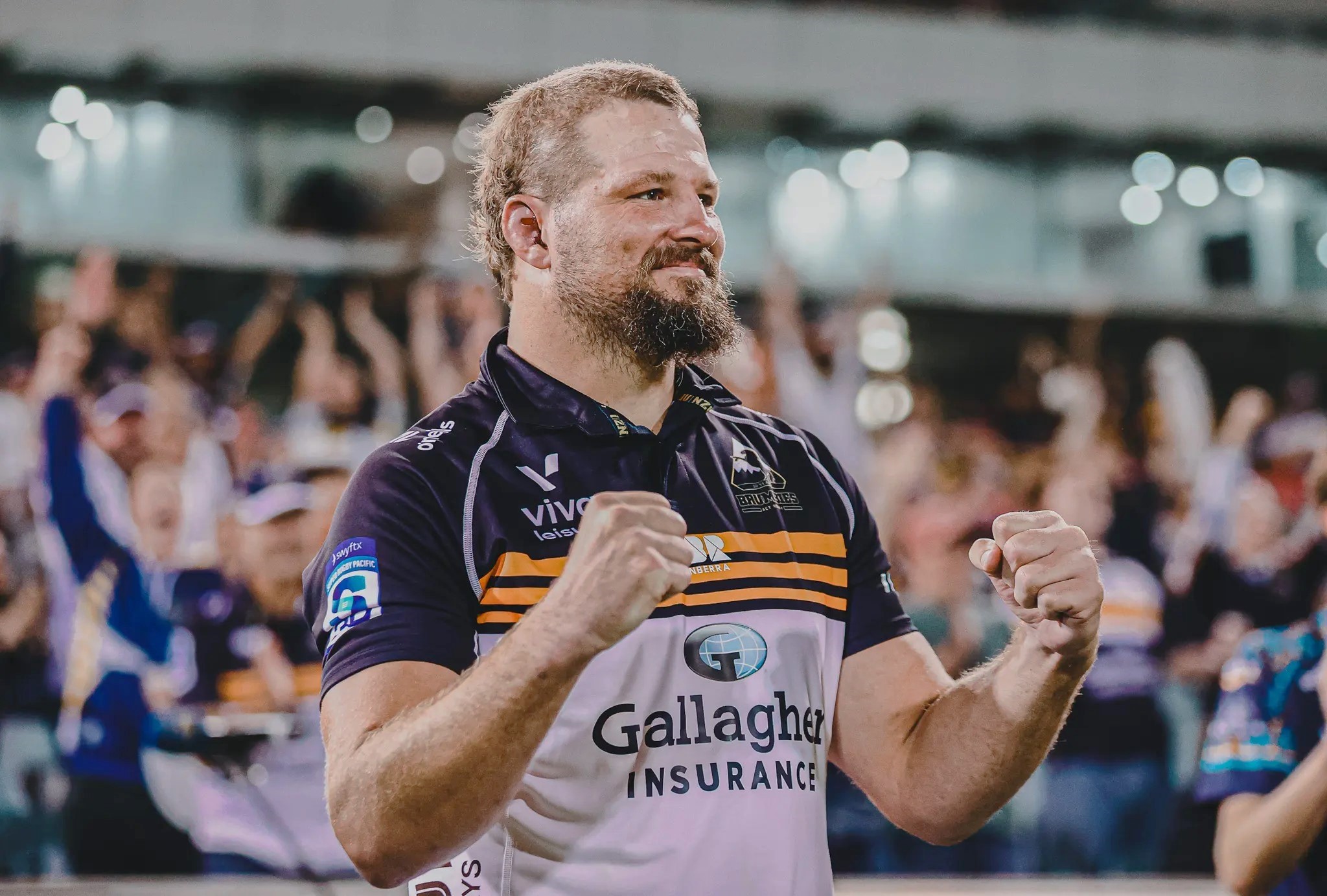 Prop James Slipper celebrates a Brumbies score from the sideline. Photo: Brumbies Rugby/Rugby Australia.