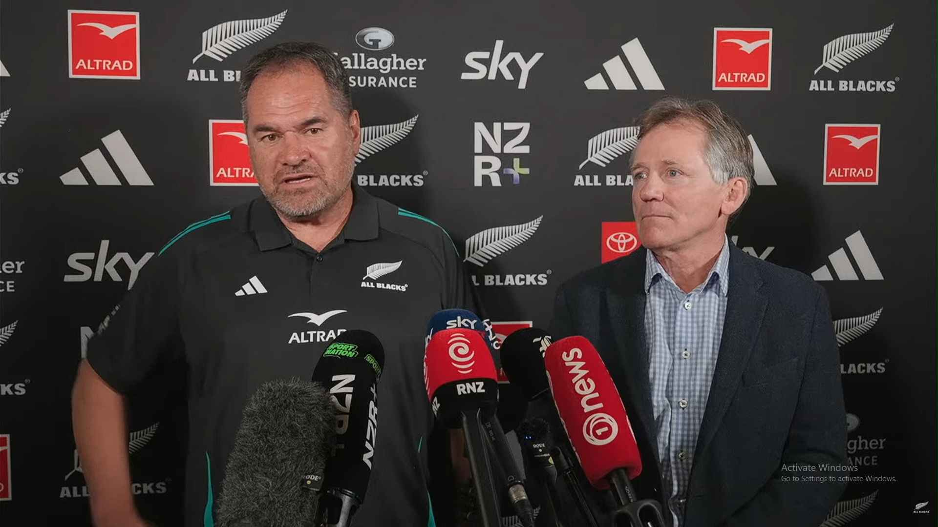 New All Blacks coach Dave Rennie (left) and NZ Rugby chairman David Kirk face the media today. Image: NZRugby/YouTube