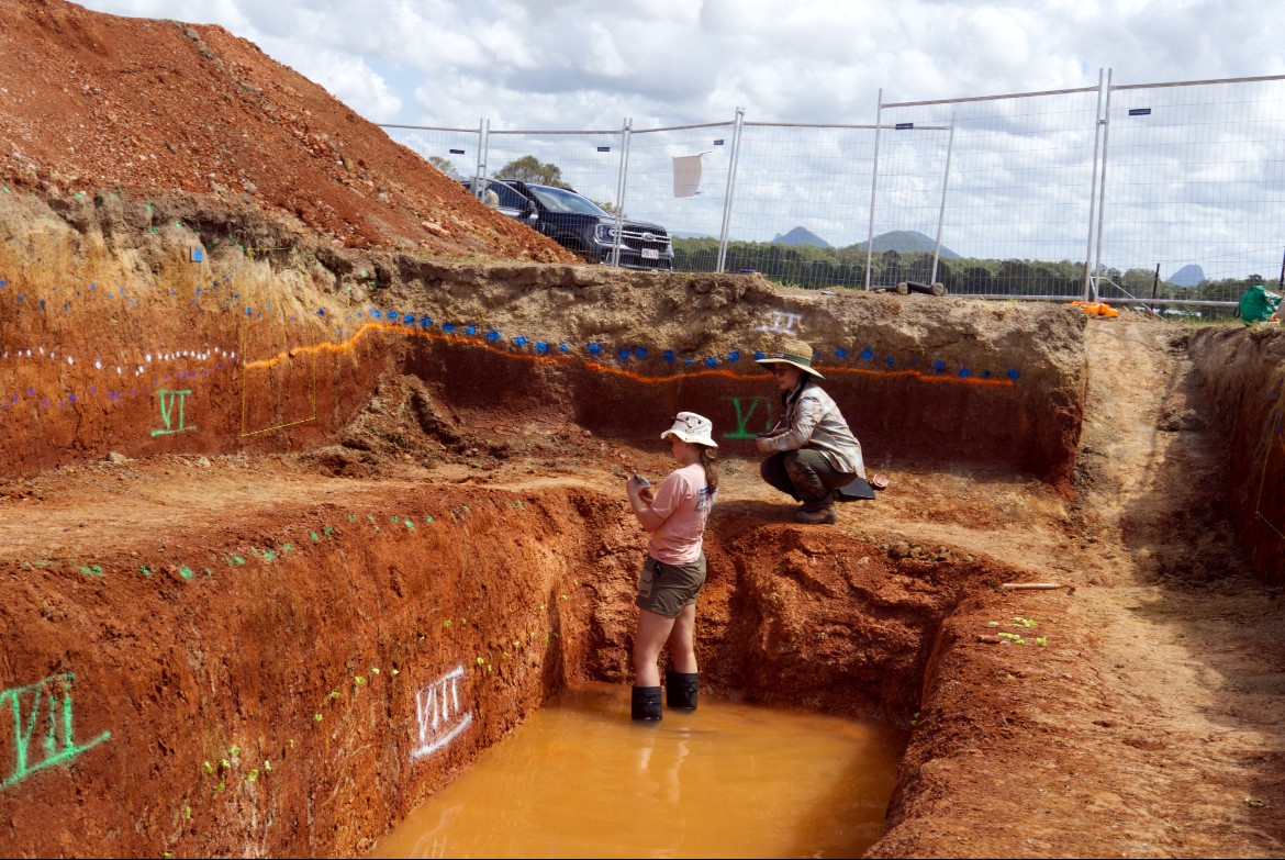 Researchers at the earthquake scarp (ground rupture) site near Caboolture. Photo: Moreton Bay City Council