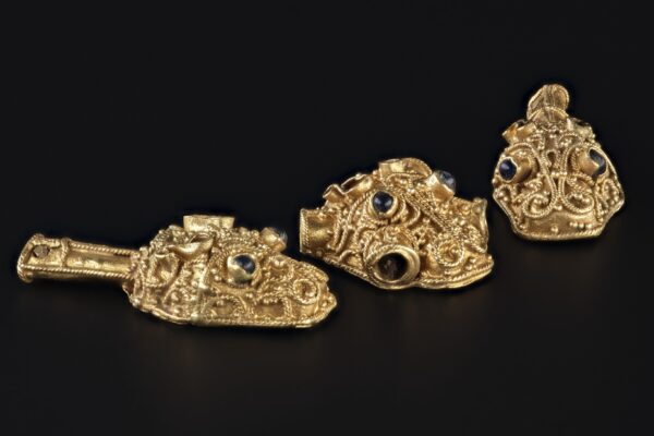Engraved gold mounts from the Galloway Hoard. Photo supplied by ANMM