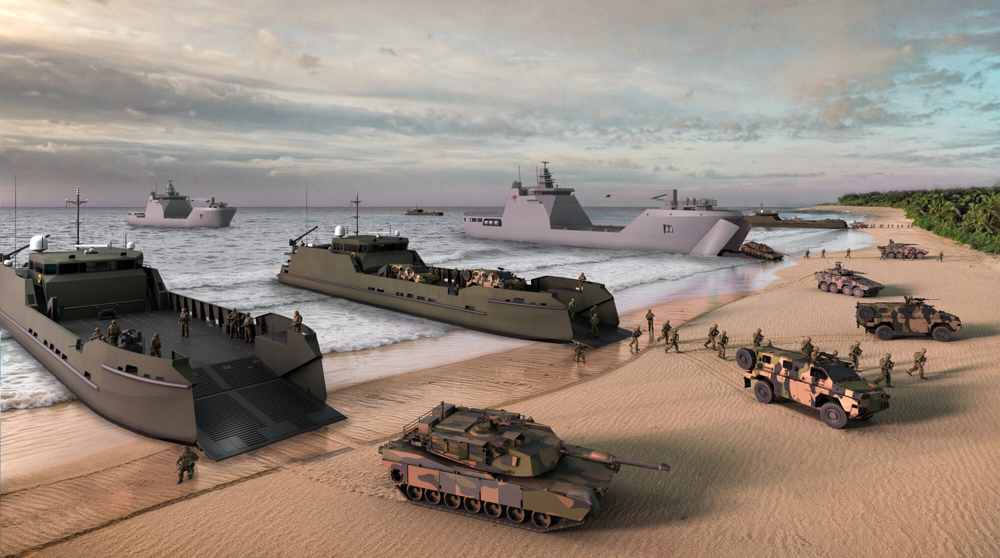 An Austal Defence graphic of medium and heavy landing craft vessels taking part in an amphibious operation. Image: Department of Defence.