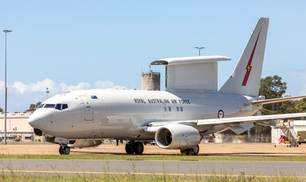The Boeing E-3 Wedgetail departs RAAF Base Williamtown, Newcastle, early last month for its deployment. Photo: Department of Defence.