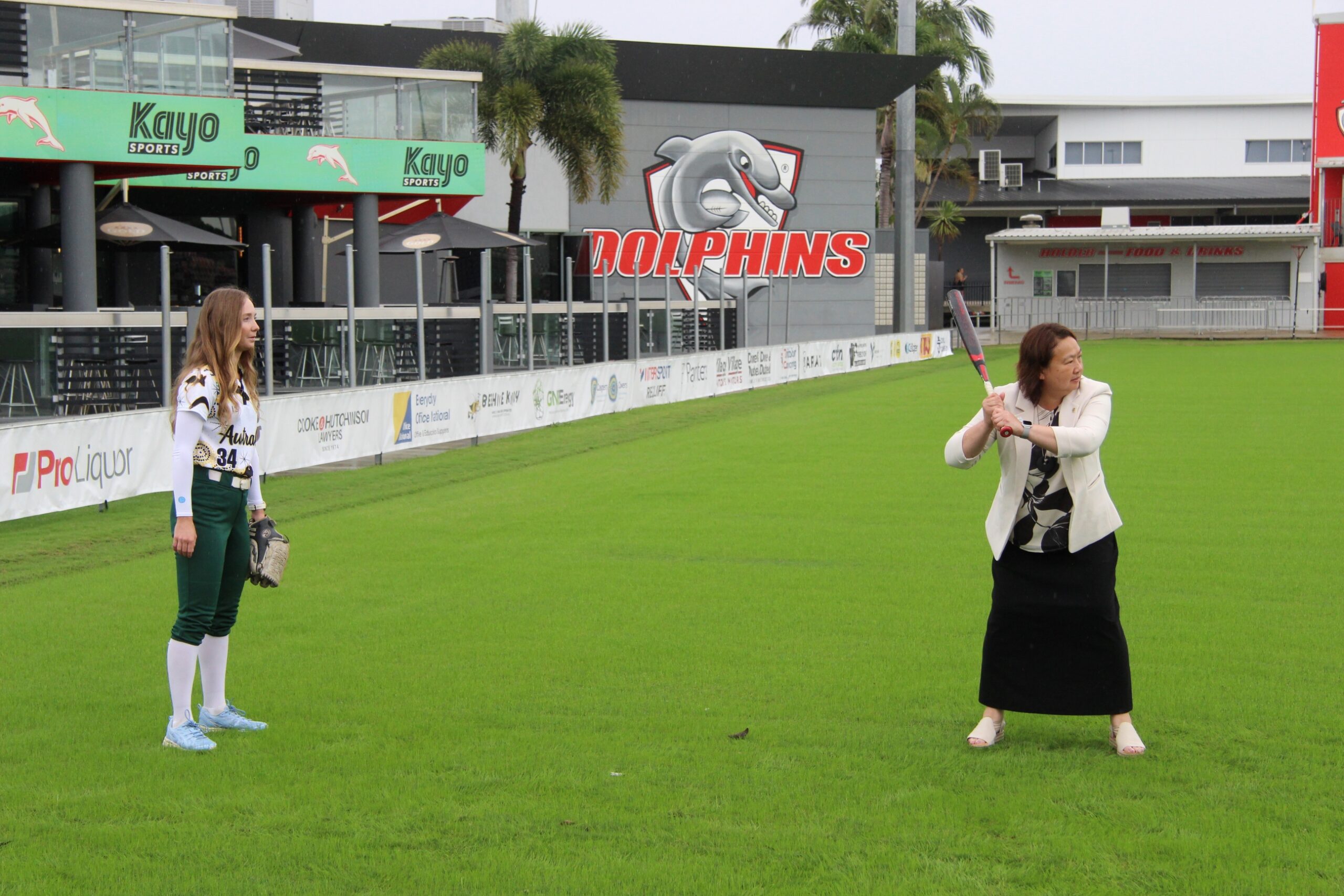 Softball Australia CEO Sarah Loh with outfielder Nicole Connacher at the press event at the stadium on Tuesday morning. Photo: ANDREW KACIMAIWAI