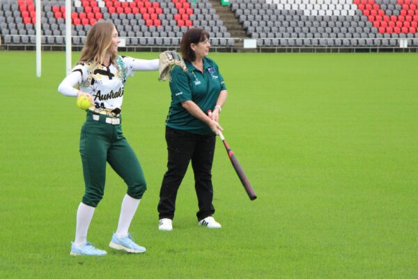 Aussie Spirit outfielder Nicole Connacher with head coach Kerrie Porter. Photo: ANDREW KACIMAIWAI
