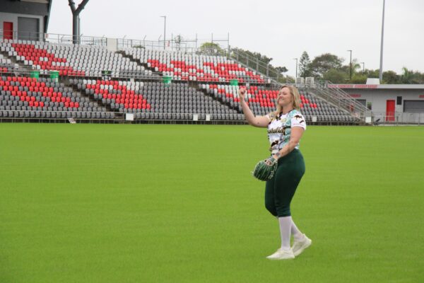 Jayme Reddcliffe pitches at the media event held at Redcliffe stadium. Photo: ANDREW KACIMAIWAI