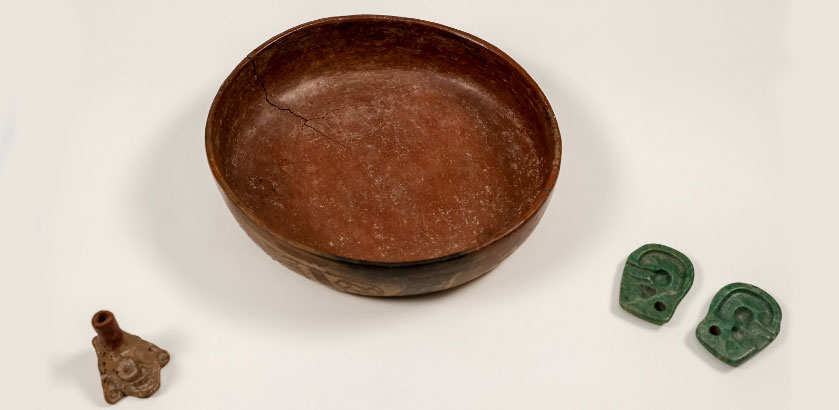 Artifacts back in Mexico are an Aztec whistle, Zacatecas bowl and Olmec ear plaques that were seized in 2023. (Photo: Australian Government).