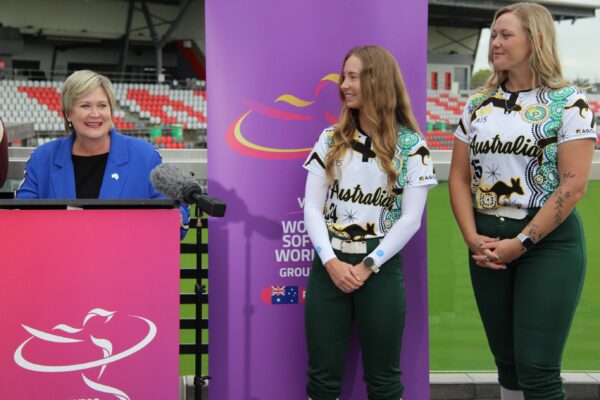 Redcliffe MP Kerri Anne-Dooley represented state sports minister Tim Mander. Looking on are Nicole Connacher (centre) and Jayme Reddcliffe. Photo: ANDREW KACIMAIWAI