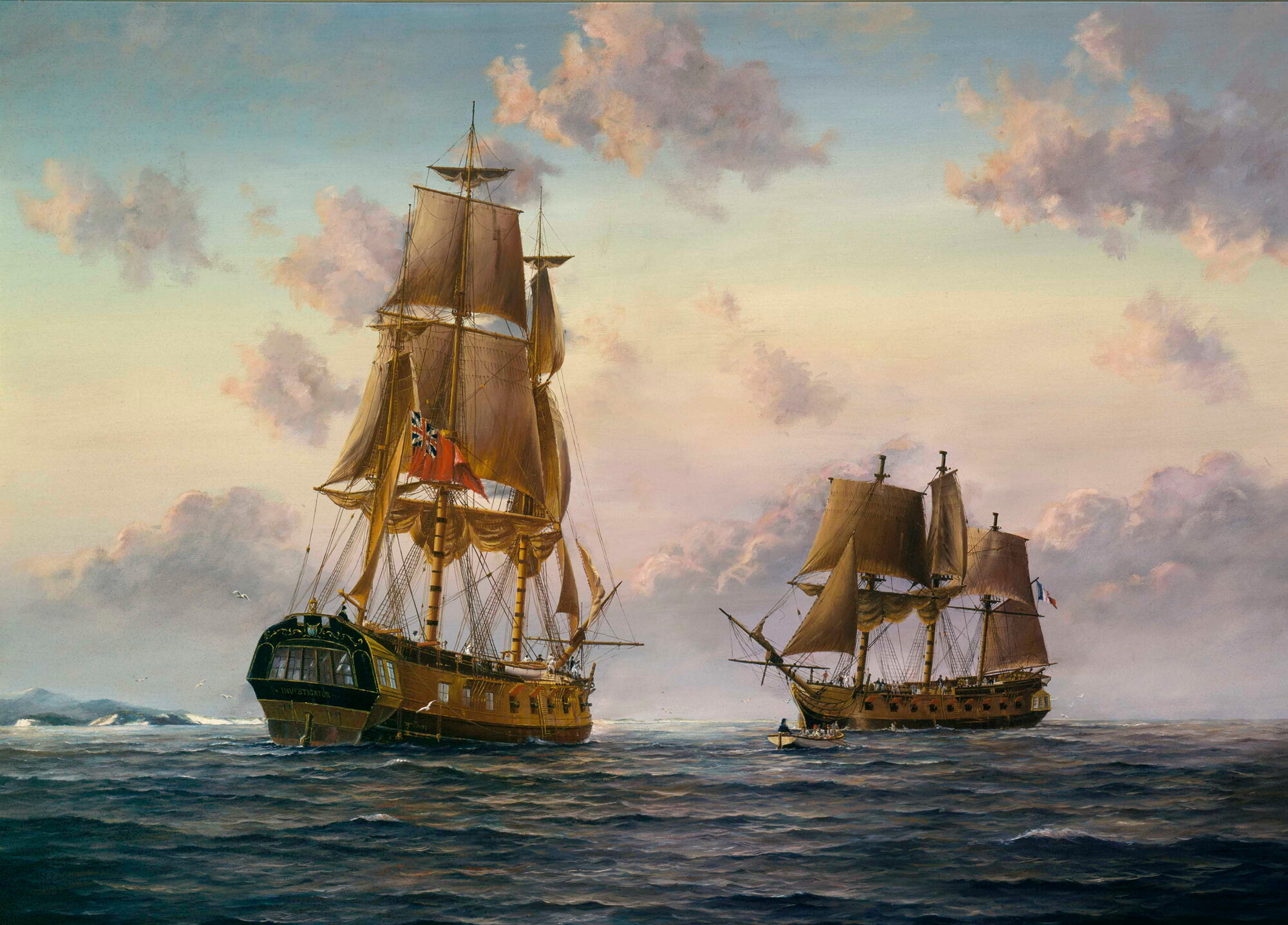 The first quiet exhibition involves Ian Hansen’s painting HMS Investigator and Le Geographe. Image: Australian National Maritime collection