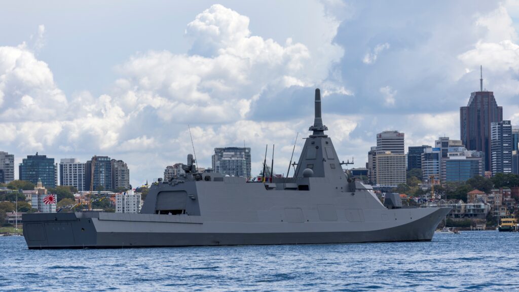 Robot ... Japan’s Mogami frigate, the JS Kumano, in Sydney Harbour for an Exercise Kakadu fleet review held in March. Photo: Department of Defence.