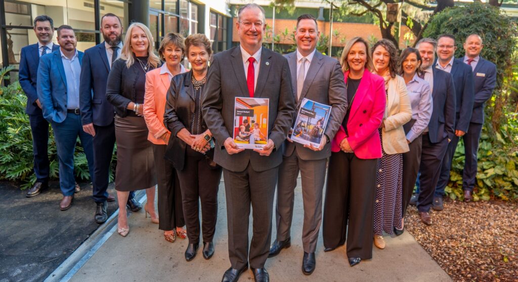 Moreton Bay Mayor Peter Flannery with staff and councillors for the unveiling of the 2026-27 $1.2 billion budget. Photo: Moreton Bay City Council