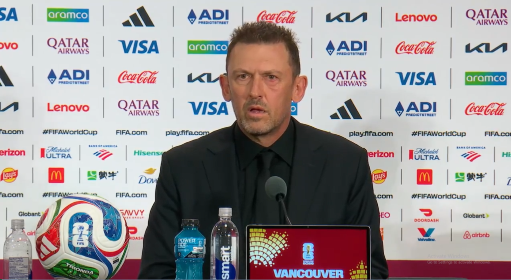 Tony Popovic faces the media after Australia’s 2-0 win. Image: Football Australia.